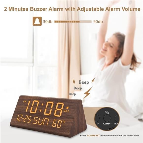 Digital Alarm Clocks for Bedrooms - Wooden Electric Clock with USB Ports, Date - Picture 6 of 6